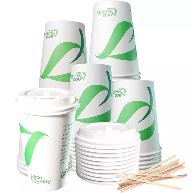 20oz Compostable Biodegradable White Paper Cups w/ White Dome Lids and Stirrers 3