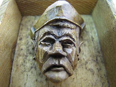 Old Folk Art Hand Carved Wooden Mans Head Hat Moustache Small Ornate Shadowbox
