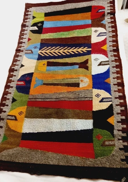 Vintage Ecuadorian Wool Fish Wall Hanging Handwoven 41" X 23.5"