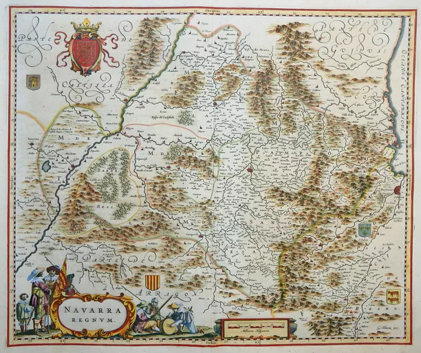 Europa Spanien Navarra Pamplona Regnum Wappen Kartusche Mit Soldaten Blaeu 1640