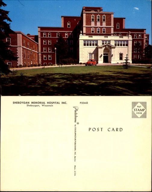 Sheboygan Memorial Hospital Wisconsin VW beetle bug 1970s vintage postcard