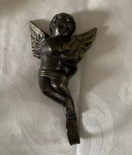 Vintage  Wall Hook Hanger Decor Cherub Angel Wings Playing Harp 5” Make Offer