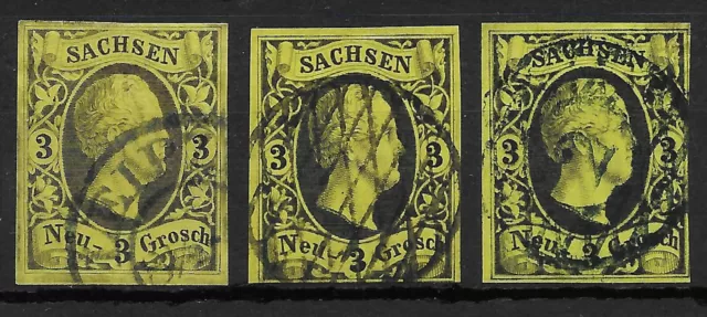 Sachsen 1851 . 3 x MiNr.6 . 3 Neugroschen . Orts-/Rauten-/Nummernstempel