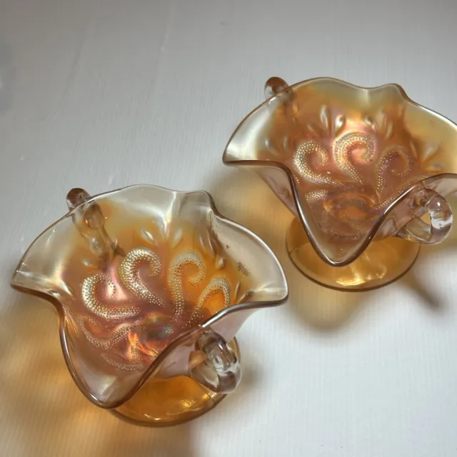 2 X Marigold Carnival Glass Footed Bowls with Handles & Fluted Edge Antique