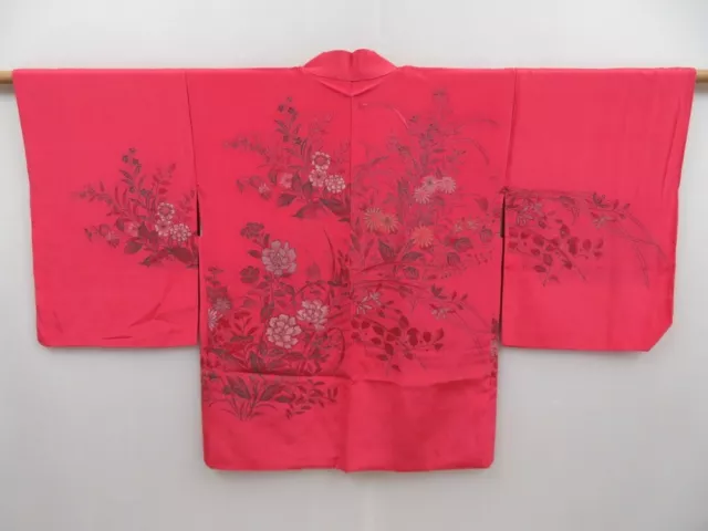 3015T08z530 Vintage Japanese Kimono Silk HAORI Flowers Red-Pink