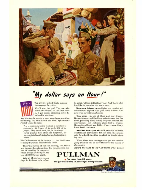 1944 Pullman My Dollar Says An Hour! Syria Magazine Ad Trains Railroad Color