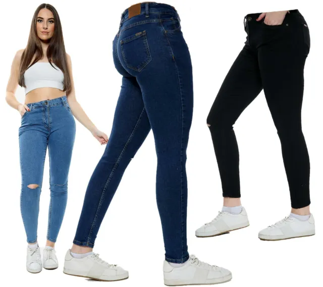Pantaloni pantaloni denim da donna skinny slim fit ragazza fondo ginocchio jeans strappati