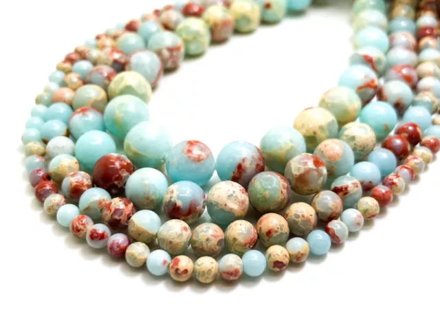 Natural Blue African Sea Sediment Jasper Smooth Polished Round Gemstone Beads