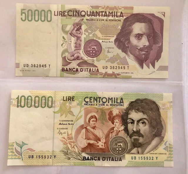 Lotto banconote repubblica 50.000 lire Bernini + 100.000 lire Caravaggio 1^ tipo Lotto banconote repubblica 50.000 lire Bernini + 100.000 lire Caravaggio 1^ tipo