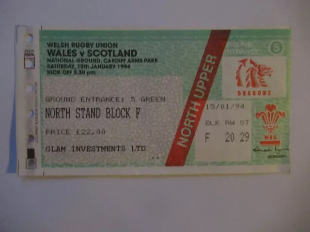 Rugby Union Ticket Stub - Wales v Scotland - 15/1/1994