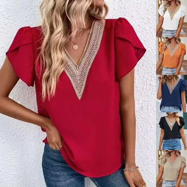 ÉLÉGANT HAUT D'ÉTÉ femme avec col en V et panneau de dentelle chemise