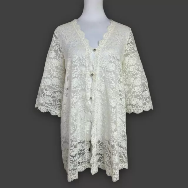 VINTAGS 60S -70S Lace House Coat M Ivory Sheer 3/4 Sleeve Button Sears ...