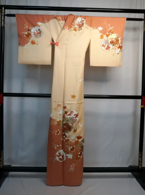 Japanese kimono  "HOUMONGI" SILK, Gold leaf, Embroidery, Plants., M ,L63"..2514