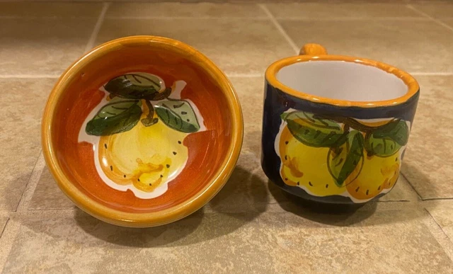 Falcone Vietri Italian Pottery Cup Sauce  Dish Hand Painted Fruit Logo Signed