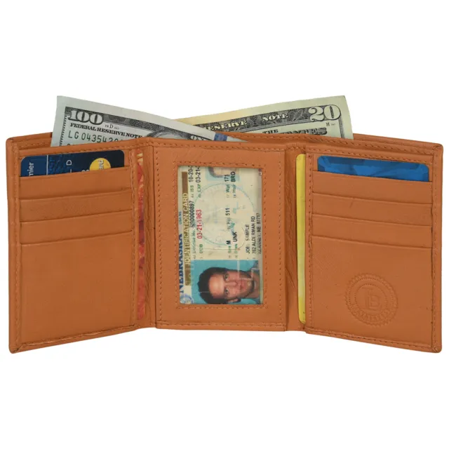 Bronceado Bloqueo Rfid Hombre Cuero Genuino Triple Cartera Id Tarjeta Centro