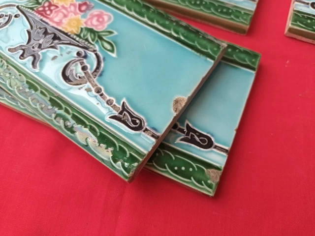 5 Piece Old Art Nice Flower Design Majolica Ceramic Tiles Japan 0067 7