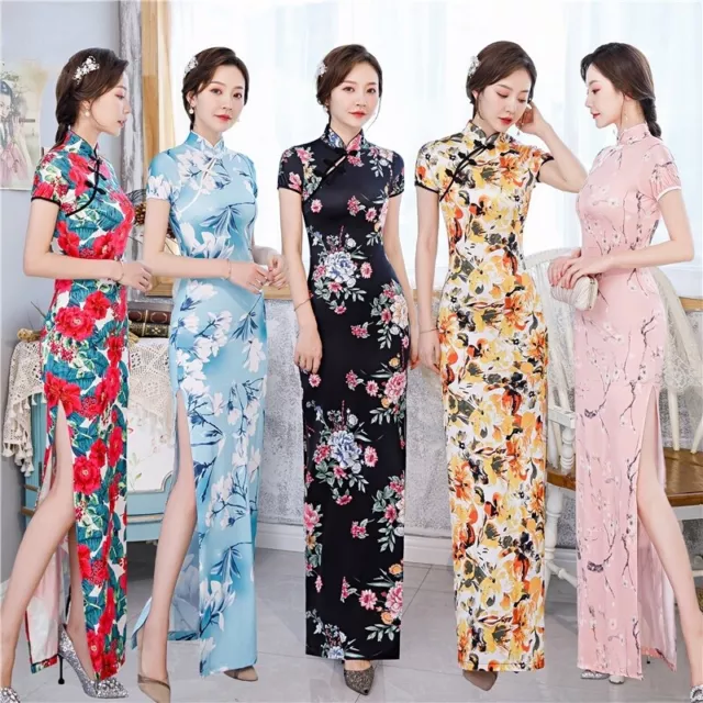 Lady Cheongsam Long Dress Floral Frog Button Side Slit Slim Fit Prom Party Retro