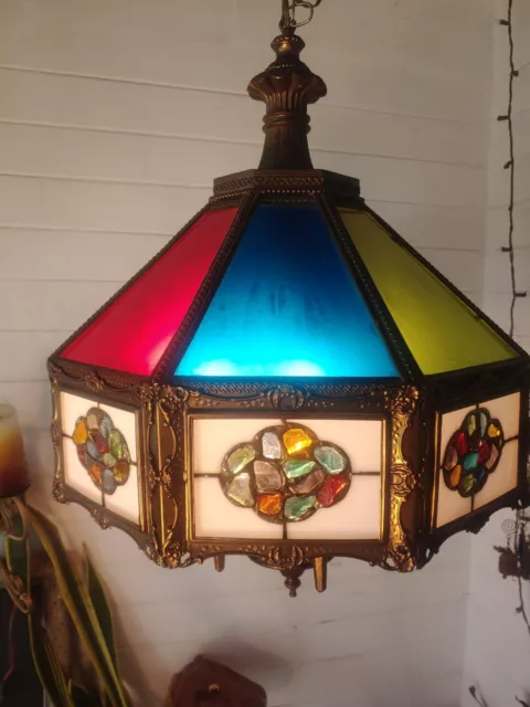 Art Nouveau Hanging Lamp Solid Brass Frame Red, Green & Blue Art Glass 3