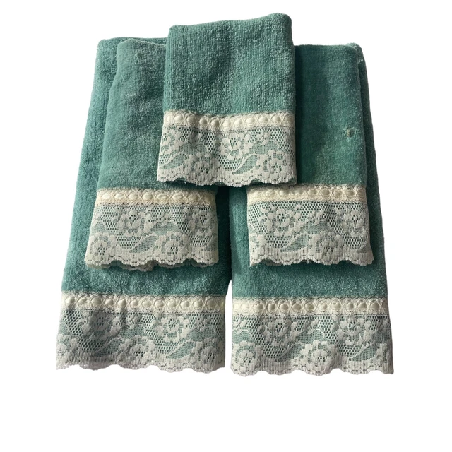 Vintage Towels Cannon Bath Set 5 Mint Green Blue Lace Made In USA Read