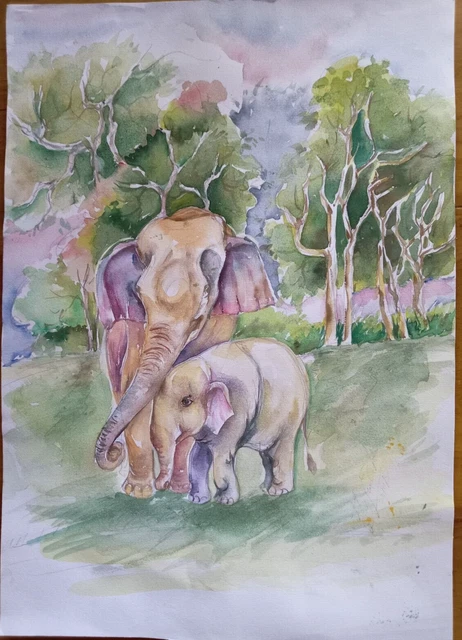 original Asian Elephants watercolor painting