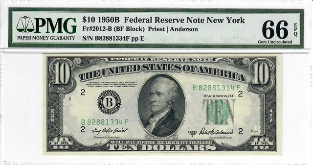 1950B New York $10 Federal Reserve S/N B82881334 PMG Gem Uncirculated 66 EPQ