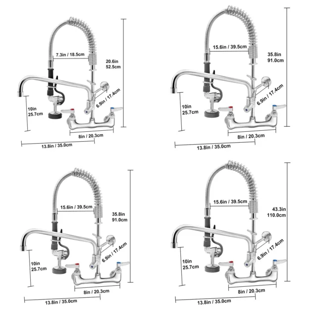 VEVOR 21"-47" Commercial Pre-rinse Faucet Wall Mount Sink Faucet 8" w/ Sprayer 2