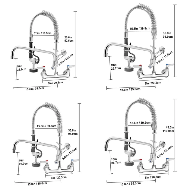 VEVOR 21"-47" Commercial Pre-rinse Faucet Wall Mount Sink Faucet 8" w/ Sprayer 2