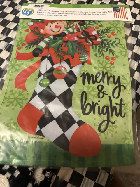 Merry and Bright Christmas Stocking Elf Garden Flag 12"x18" Custom Decor 2 Sided