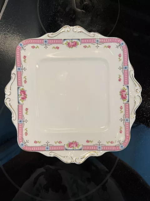 VINTAGE PARAGON STAR Bone China Pink Band Rose Gild SQUARE HANDLED CAKE PLATE