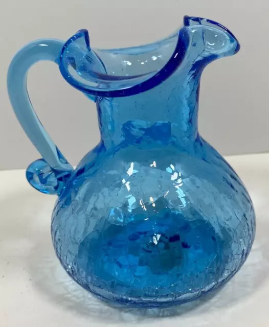 Hand Blown Crackled Glass Dark Turquoise Blue Pitcher 5"