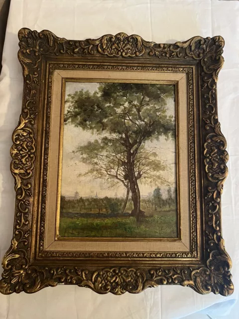 Tableau Ancien Huile Sur Toile / panneau Signé F.Chaigneau Paysage Église