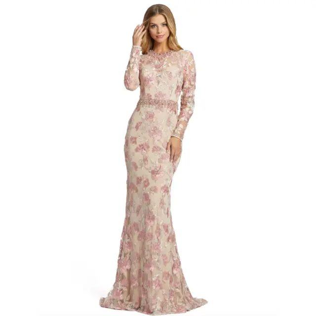 Mac Duggal Floral Embroidered Illusion Long Sleeve Trumpet Gown 14