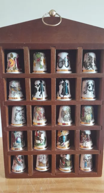 Collection of 20 Finsbury Bone China Thimbles in Wooden Display Case