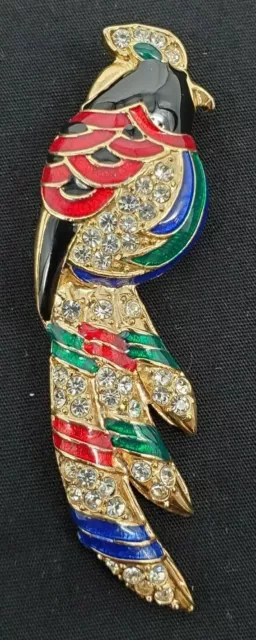 VINTAGE Enameled Red Green Blue Black Parrot Brooch Pin with Clear Rhinestones