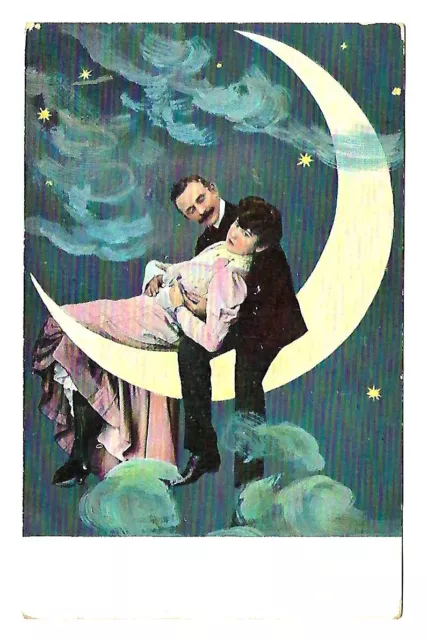 Early 1900's Postcard Romance - Couple Sitting on Half Moon