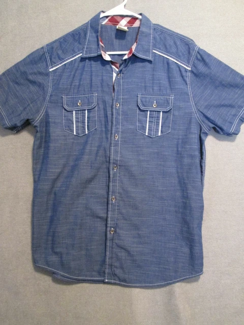 Rustic Blue Blouse Top Large Womens Blue Pockets  Button Up Short Sleeve Casual