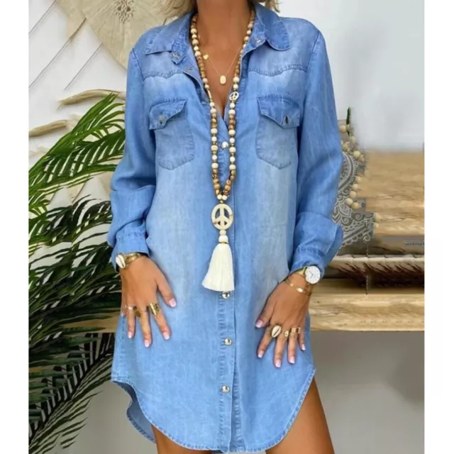 Women Casual Long Sleeve Button-Up Light Blue Denim Shirt  Dress Asian size