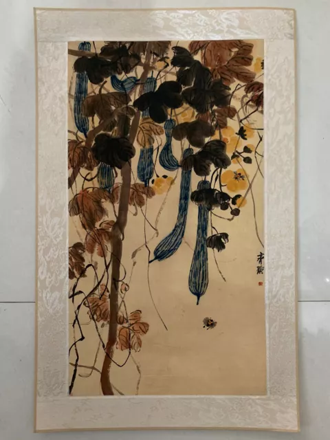 21" Collectibles china art Paper Painting loofah vine towel gourd mount picture