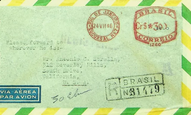 Sephil Brazil 1946 Post WWII Meter Frankierte Regd Luftpost Cover To California