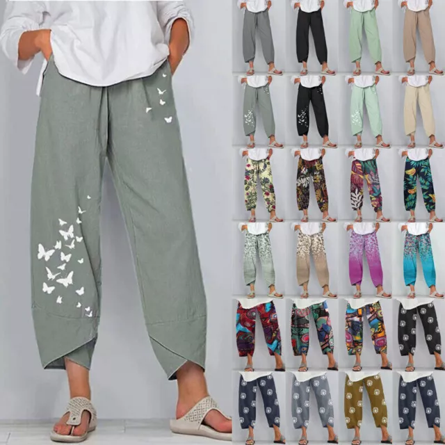 UK Womens Cotton Linen Baggy Harem Pants Ladies Summer Casual Trousers Plus Size