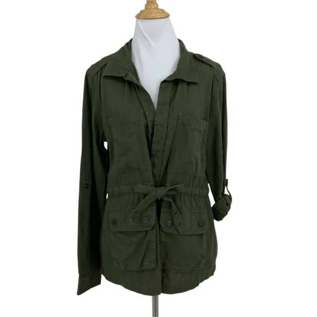 Sanctuary Linen Blend Utility Jacket Womens S Small Olive Green Belted Pockets