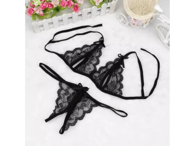 Ensemble Sexy Lingerie Set Noir en dentelle ouverte avec bandeau 3