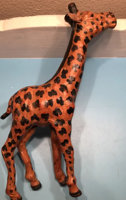 Vintage Leather Giraffe Figure Hand painted Inset Glass Eyes 10"