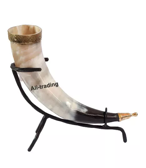 Viking Drinking Horn Mug For Beer Wine Ale, Mead Food Safe With Iron Stand