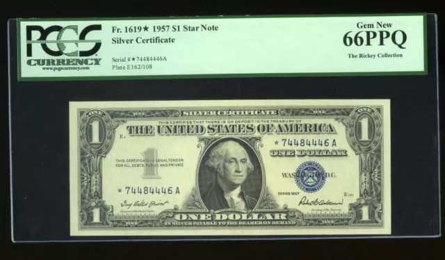 DBR 1957 $1 Silver STAR Gem *A Block Fr. 1619* PCGS 66 PPQ Serial *74484446A