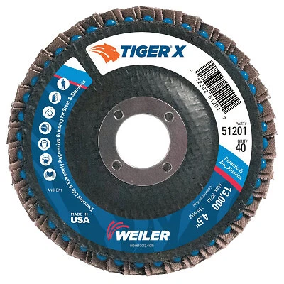 Tiger X Flap Disc, 4-1/2 in Angled, 40 Grit, 7/8 in Arbor Weiler WEILER 51201