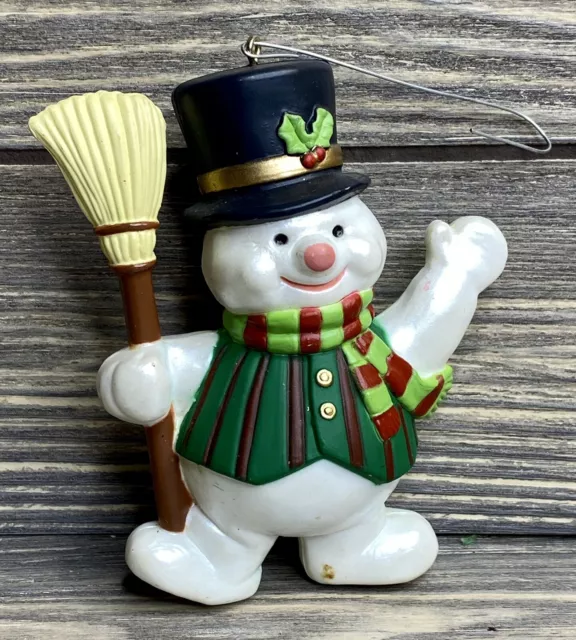 Vintage Christmas Tree Ornament Frosty Snowman 4” Glass Green Vest Black Tophat