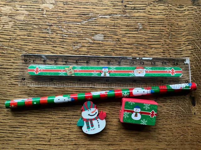christmas stationery set stocking filler pencil ruler sharpener eraser SNOWMAN