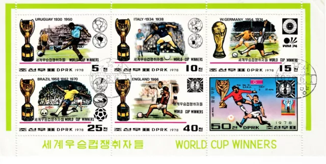 Fußball WM Argentinien 1978 6 Briefmarken im Block Korea bisherige Weltmeister