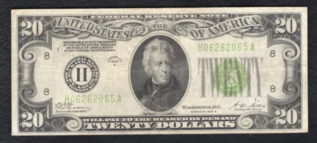 FR. 2052-Hlgs 1928-B $20 LGS LIGHT GREEN SEAL FRN ST. LOUIS, MO VERY FINE